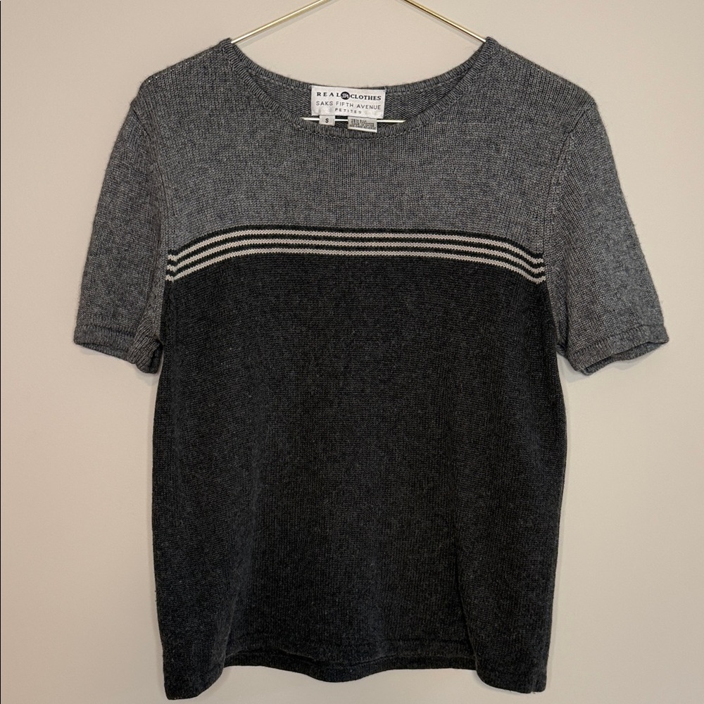 Saks Fifth Avenue Gray Knit Cashmere & Silk Short Sleeve Sweater